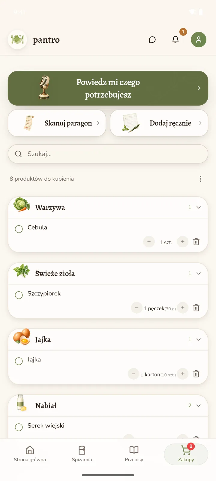 Lista zakupów pogrupowana według działów sklepu